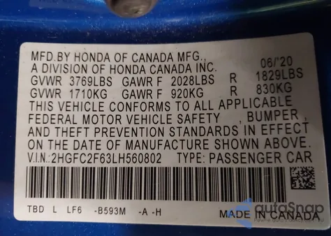 2020 Honda Civic Lx from USA, damaged, VIN 2HGFC2F63LH560802